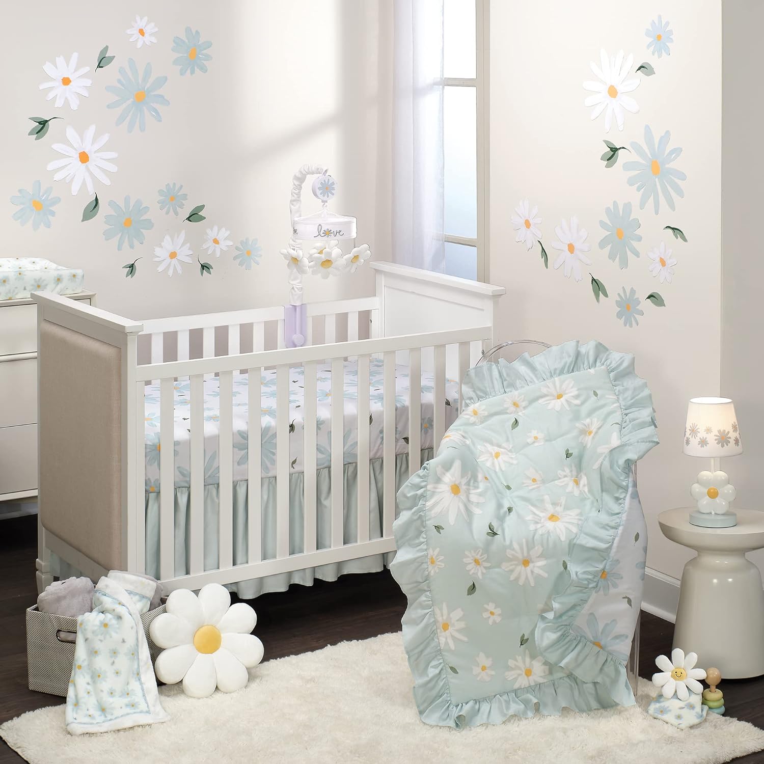 Embrace Whimsical Charm with Lambs & Ivy Sweet Daisy Blue/White 3-Piece Floral Baby Crib Bedding Set