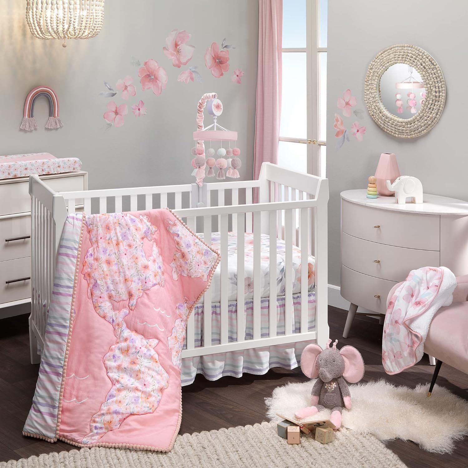 Embrace Elegance and Comfort with Lambs & Ivy Girls Rule The World Pink Floral 4-Piece Baby Crib Bedding Set