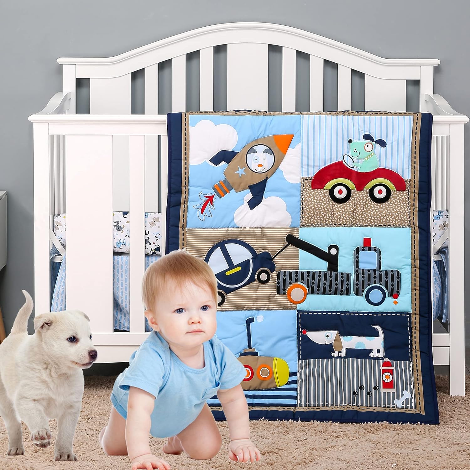 Embark on a Whimsical Journey: Brandream Crib Bedding Sets for Boys – Dog Go to Travel by Car Truck Rocket Submarine